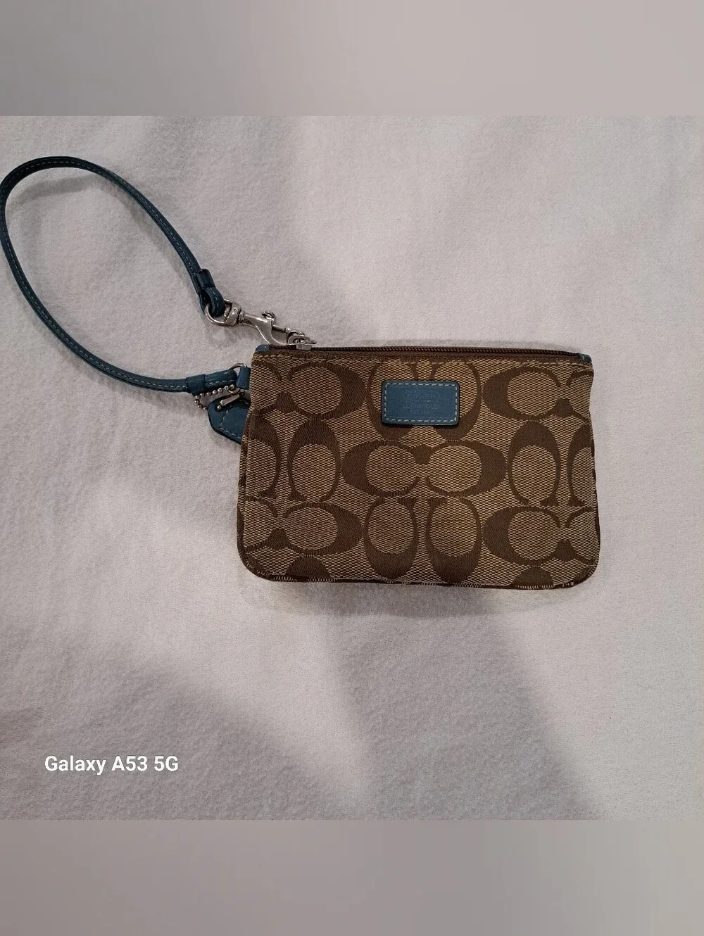 Coach Signature Canvas Wristlet in Brown with Teal Trim